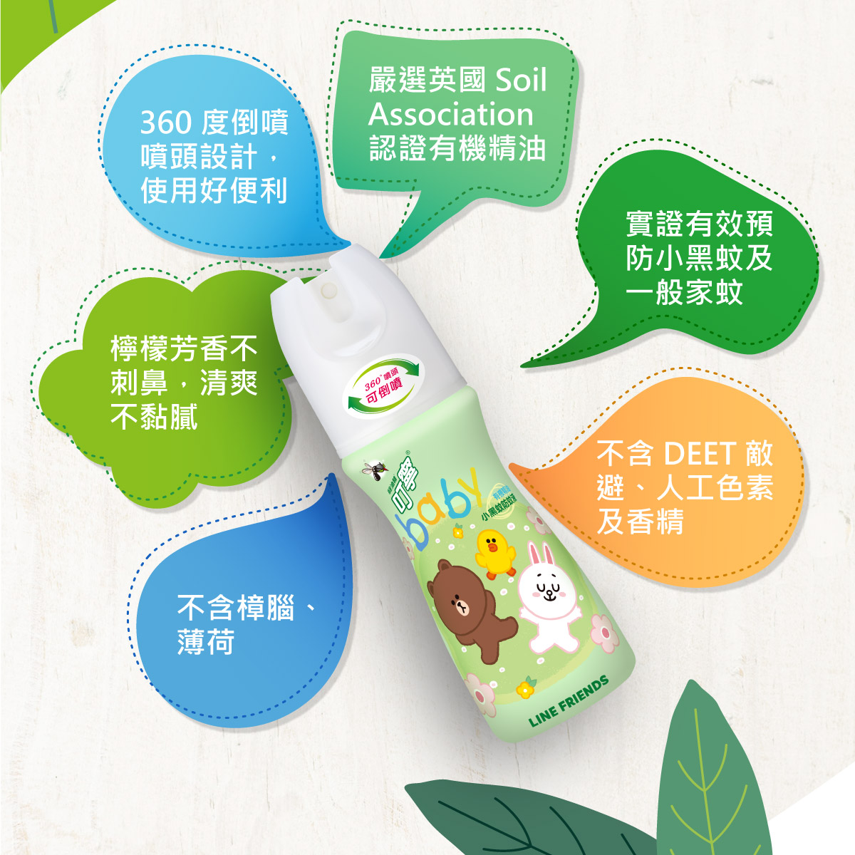 不含敵避、人工色素、人工香精、樟腦、薄荷，使用嚴選英國Soil Association認證有機精油與尤加利萃取，檸檬芳香不刺鼻，清爽不黏膩，