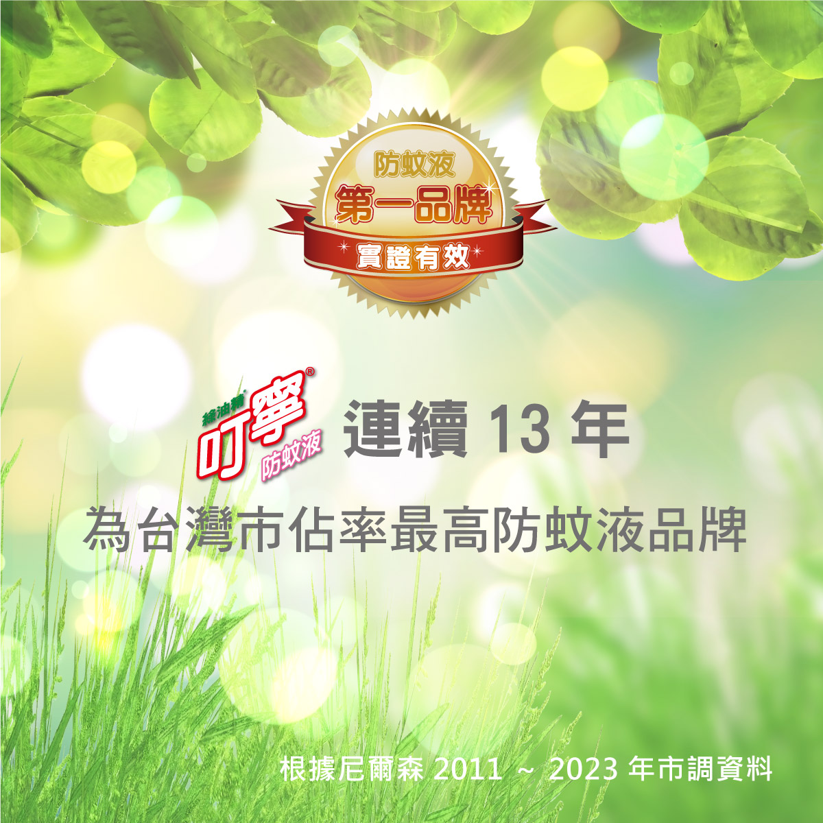 尼爾森民調叮寧為連續10市占率最高台灣防蚊液品牌